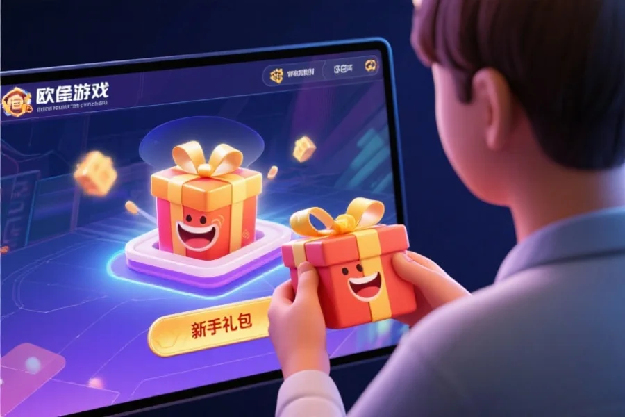 一位新用户正在领取欧陆游戏平台上的新手礼包，画面中有虚拟礼盒和开心的表情