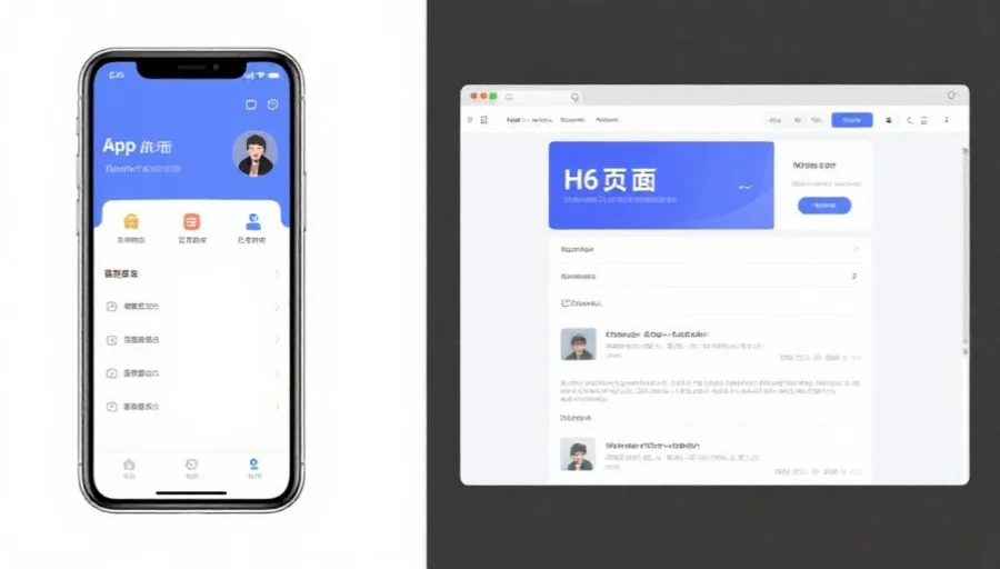 简洁对比图,左侧是智能手机屏幕展示App界面,右侧为浏览器窗口显示H5页面,两者各有优缺点对照