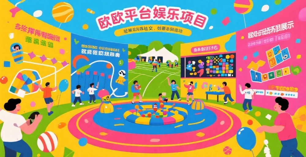 多元化的欧陆平台娱乐项目展示,包括体育、益智、社交和创意活动,色彩丰富,画面充满活力与欢乐